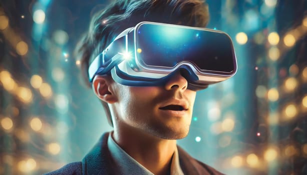 A person is lost in a digital world, their face obscured by the sleek goggles, as they explore the endless possibilities of virtual clothing