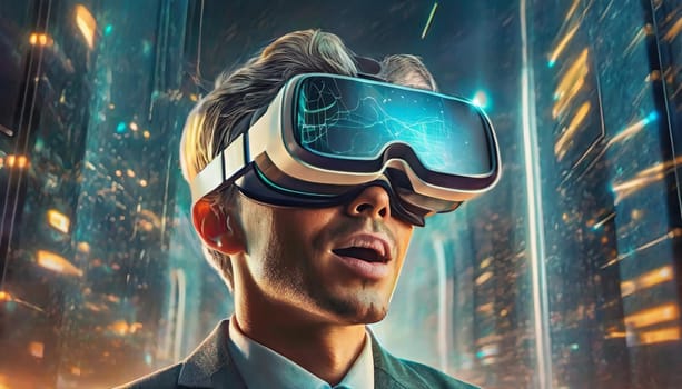 A person is lost in a digital world, their face obscured by the sleek goggles, as they explore the endless possibilities of virtual clothing