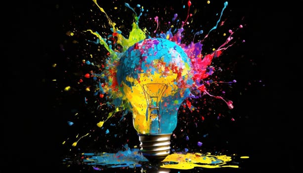 Creative light bulb explodes with colorful paint and splashes on a black background. Think differently creative idea concept