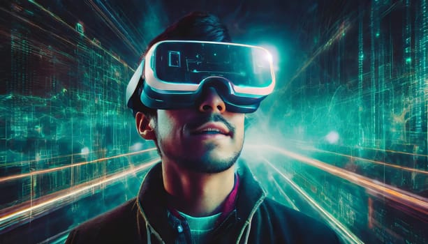 A person is lost in a digital world, their face obscured by the sleek goggles, as they explore the endless possibilities of virtual clothing