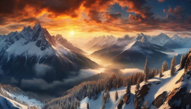 Snowy mountains with clouds during a dark evening. Panoramic view of famous mountain peaks during evening light at sunset