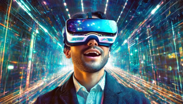 A person getting experience using VR-headset glasses. Digital future and innovation. Visual reality concept. One with glasses of virtual reality. Happy using VR headset. This is cool