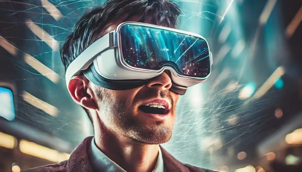 A person is lost in a digital world, their face obscured by the sleek goggles, as they explore the endless possibilities of virtual clothing