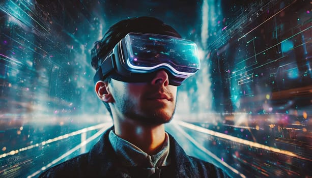 A person getting experience using VR-headset glasses. Digital future and innovation. Visual reality concept. One with glasses of virtual reality. Happy using VR headset. This is cool
