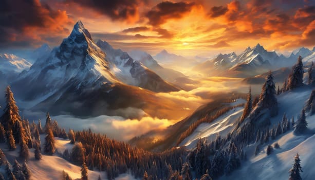 Snowy mountains with clouds during a dark evening. Panoramic view of famous mountain peaks during evening light at sunset