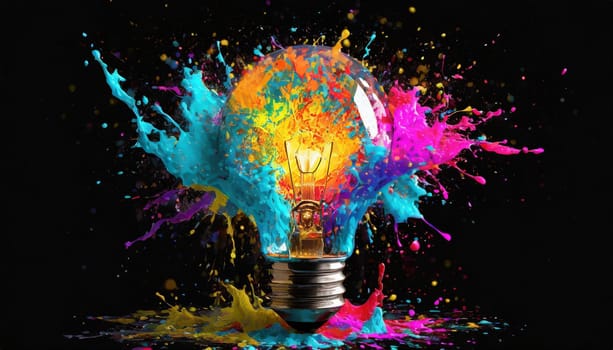 Creative light bulb explodes with colorful paint and splashes on a black background. Think differently creative idea concept