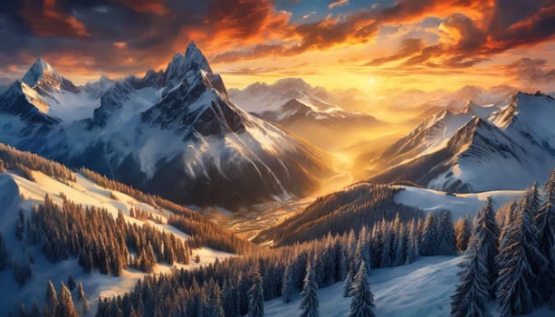 Snowy mountains with clouds during a dark evening. Panoramic view of famous mountain peaks during evening light at sunset