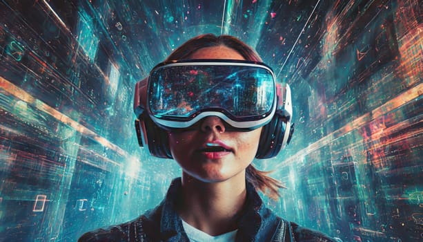 A person is lost in a digital world, their face obscured by the sleek goggles, as they explore the endless possibilities of virtual clothing
