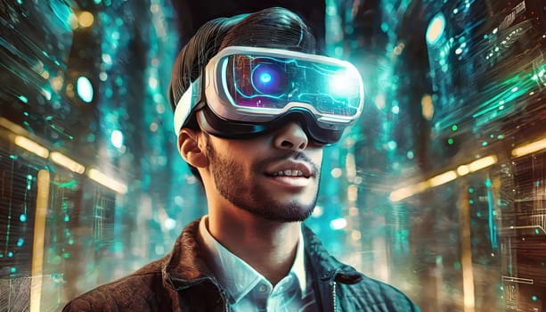 A person getting experience using VR-headset glasses. Digital future and innovation. Visual reality concept. One with glasses of virtual reality. Happy using VR headset. This is cool