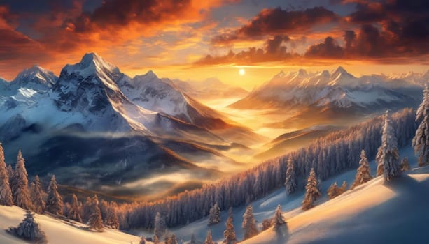Snowy mountains with clouds during a dark evening. Panoramic view of famous mountain peaks during evening light at sunset