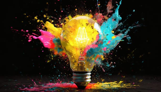 Creative light bulb explodes with colorful paint and splashes on a black background. Think differently creative idea concept
