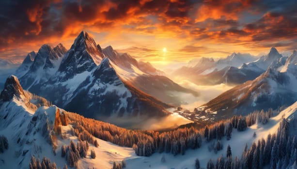 Snowy mountains with clouds during a dark evening. Panoramic view of famous mountain peaks during evening light at sunset