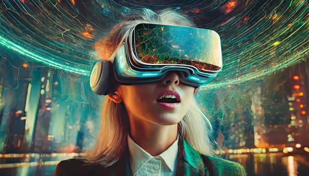 A person is lost in a digital world, their face obscured by the sleek goggles, as they explore the endless possibilities of virtual clothing