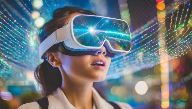 A person is lost in a digital world, their face obscured by the sleek goggles, as they explore the endless possibilities of virtual clothing
