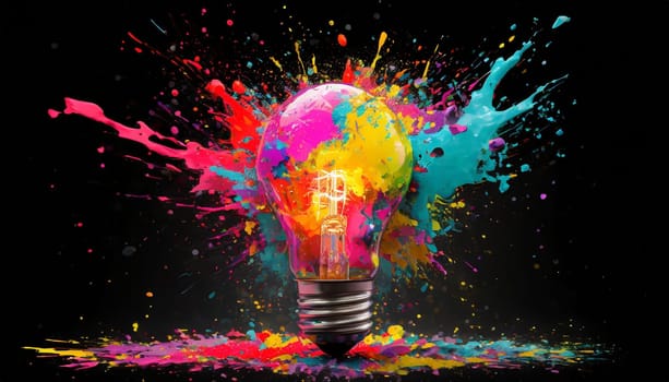 Creative light bulb explodes with colorful paint and splashes on a black background. Think differently creative idea concept