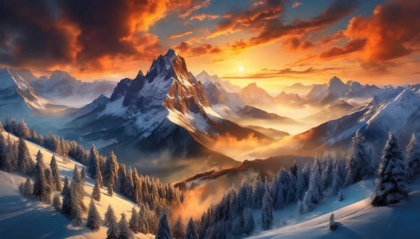 Snowy mountains with clouds during a dark evening. Panoramic view of famous mountain peaks during evening light at sunset