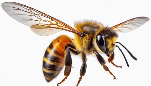 a stunning bee is flying, isolated on transparent background, macro, incredible pollinator