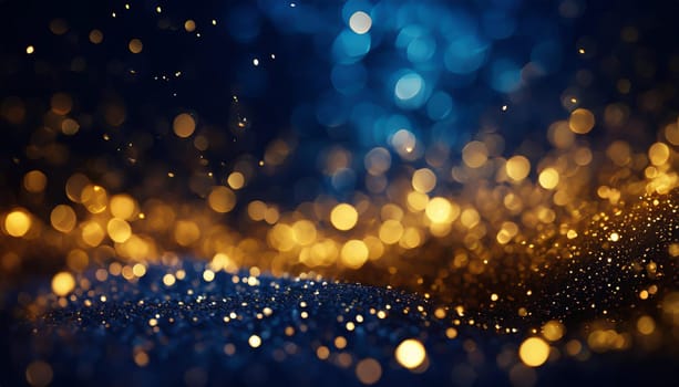 abstract background with Dark blue and gold particle. Christmas Golden light shine particles bokeh on navy blue background. Gold foil texture.