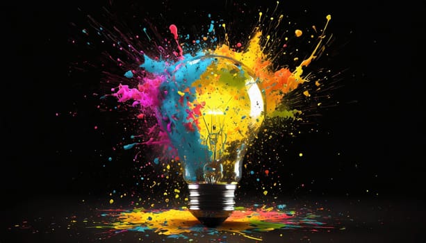 Creative light bulb explodes with colorful paint and splashes on a black background. Think differently creative idea concept