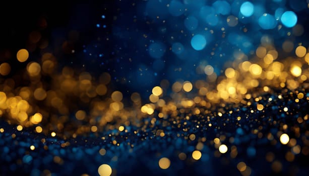 abstract background with Dark blue and gold particle. Christmas Golden light shine particles bokeh on navy blue background. Gold foil texture.