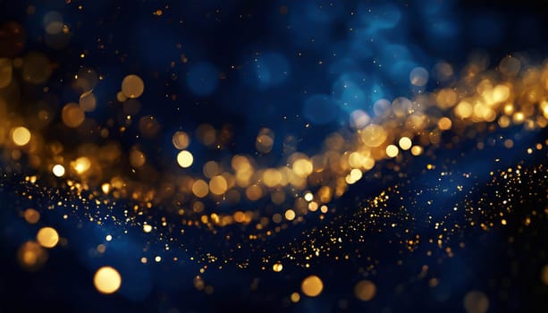 abstract background with Dark blue and gold particle. Christmas Golden light shine particles bokeh on navy blue background. Gold foil texture.