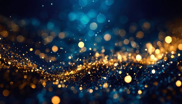 abstract background with Dark blue and gold particle. Christmas Golden light shine particles bokeh on navy blue background. Gold foil texture.