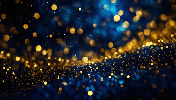 abstract background with Dark blue and gold particle. Christmas Golden light shine particles bokeh on navy blue background. Gold foil texture.