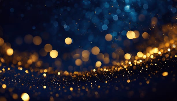abstract background with Dark blue and gold particle. Christmas Golden light shine particles bokeh on navy blue background. Gold foil texture.