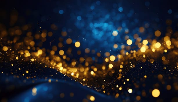 abstract background with Dark blue and gold particle. Christmas Golden light shine particles bokeh on navy blue background. Gold foil texture.