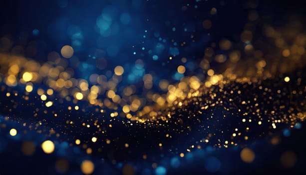 abstract background with Dark blue and gold particle. Christmas Golden light shine particles bokeh on navy blue background. Gold foil texture.