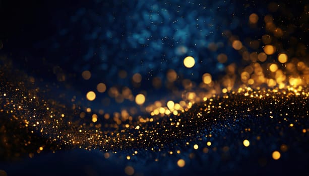 abstract background with Dark blue and gold particle. Christmas Golden light shine particles bokeh on navy blue background. Gold foil texture.