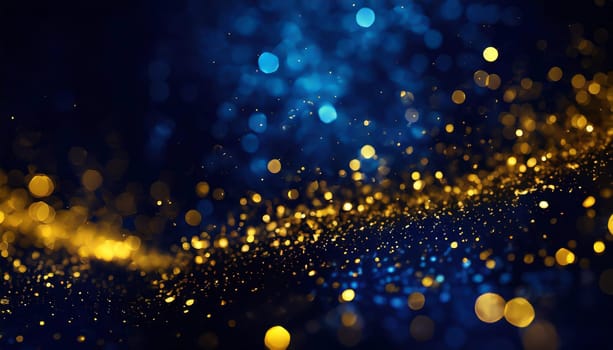 abstract background with Dark blue and gold particle. Christmas Golden light shine particles bokeh on navy blue background. Gold foil texture.