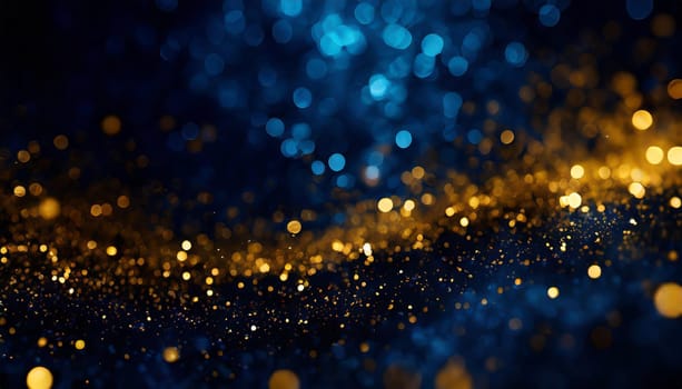 abstract background with Dark blue and gold particle. Christmas Golden light shine particles bokeh on navy blue background. Gold foil texture.