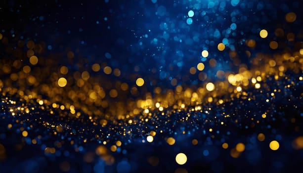 abstract background with Dark blue and gold particle. Christmas Golden light shine particles bokeh on navy blue background. Gold foil texture.