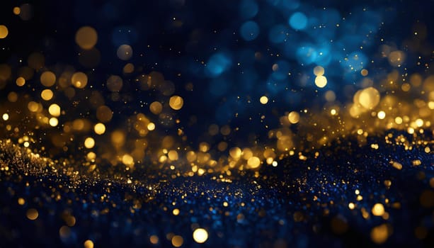 abstract background with Dark blue and gold particle. Christmas Golden light shine particles bokeh on navy blue background. Gold foil texture.