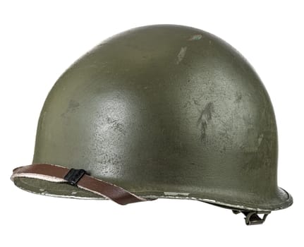 Close-up of an old army helmet, indicative of past military history, isolated on a white backdrop