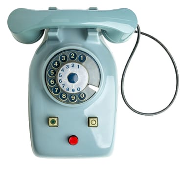 Isolated classic blue rotary dial phone, a throwback to mid-20th century communication