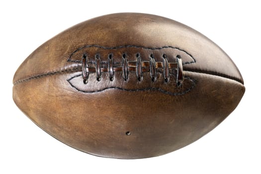 Classic leather rugby ball isolated on white, showcasing its textured surface and stitching