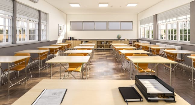 Empty classroom with wooden floors, desks, and natural daylight 3d render