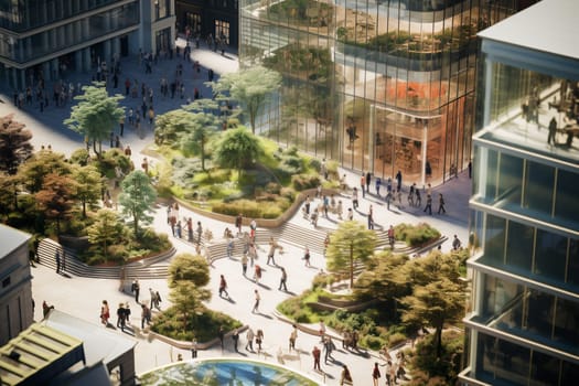 Aerial view of crowded downtown in the city. Drone view of financial and commercial district. High glass buildings with offices and stores. Modern architecture. People walking on the city square