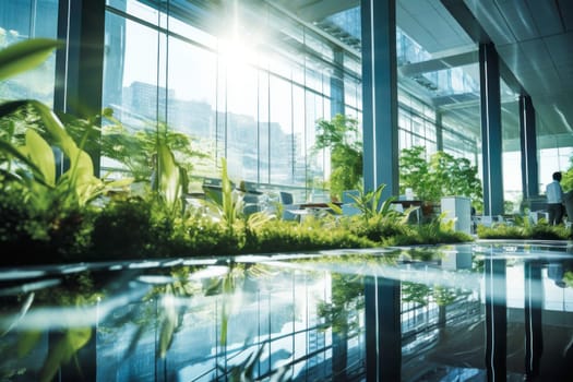 Corporate luxury modern interior. Business open space. Hotel lobby. Business modern glass company office building. High glass walls. Green interior with many plants. Contemporary building
