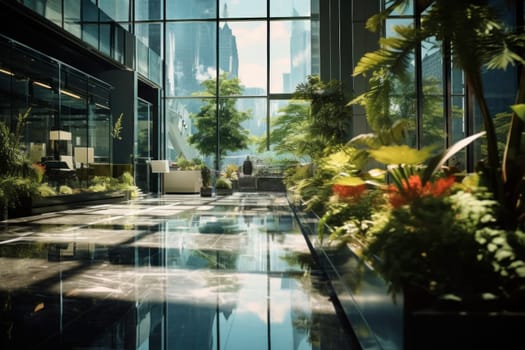 Corporate luxury modern interior. Business open space. Hotel lobby. Business people walking in modern glass company office building. High glass walls. Green interior with many plants. Contemporary building