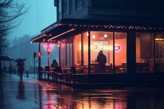 People sitting in coffee shop at night on rainy evening. Exterior of restaurant with large front store windows. Cafe illuminated inside by neon lights. Popular place. Open cafe. Small business. Coffee house at night