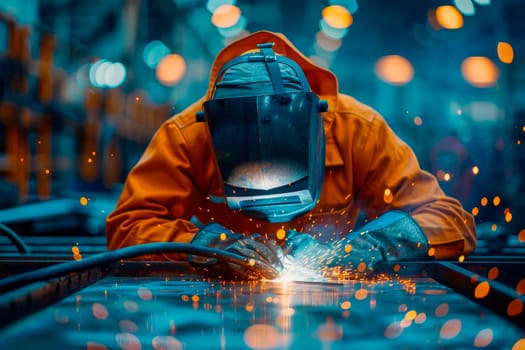 Industrial worker at the factory welding closeup. AI generated