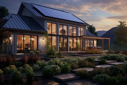 Small house with solar panels near the mountains. Holiday lodge close to nature. Summer holiday cottage with garden. Exterior of real estate. Travel accommodation. Summer vacation destination