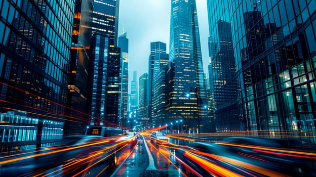 Busy street in the city at dusk, full of car light streaks, energy of capital city life. AI generated