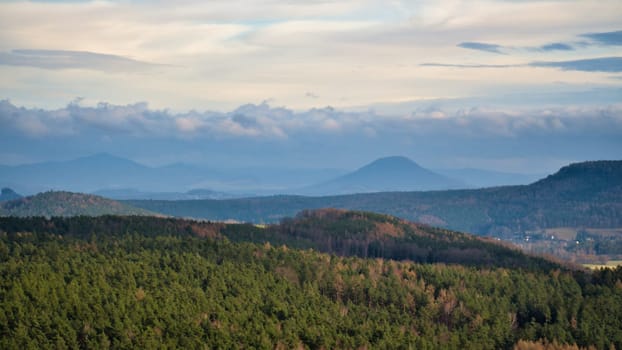 View from the Pfaffenstein. Forests, mountains, vastness, panorama. Landscape from the Elbe Sandstone Mountains.