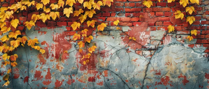 A cascade of autumn leaves drapes over a wall bearing the scars of time, a natural palette against the urban canvas