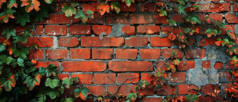 Autumn leaves in vibrant shades of orange and red cling to a classic brick wall, adding life to the sturdy, timeless construction. The contrast speaks of nature's cycles against human craftsmanship
