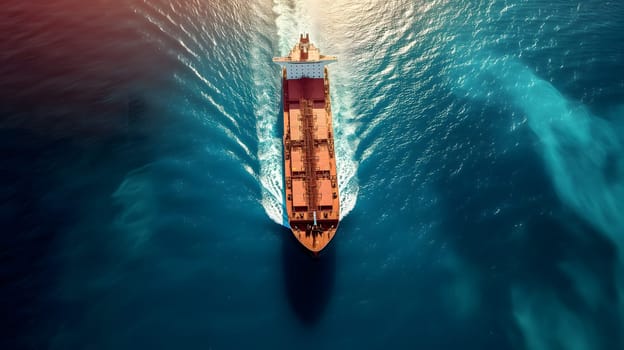 Cargo ship full of standard shipping containers at the sea during shipping at day time. Neural network generated image. Not based on any actual scene or pattern.